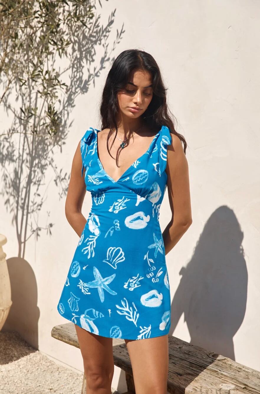 hello molly seashells blue white seashell print shoulder tie mini dress